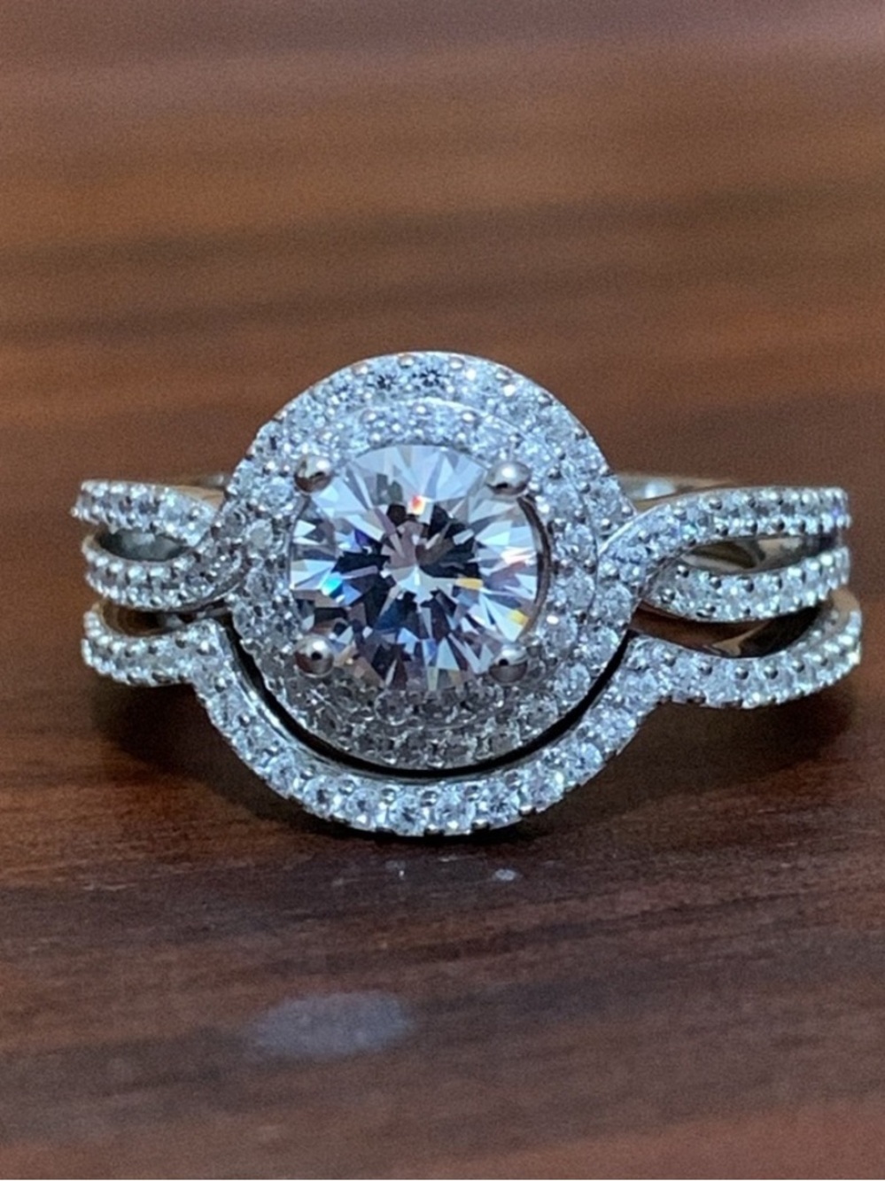 New 925 Silver Halo CZ Engagement/Wedding Ring Set Size 6